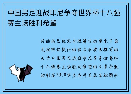 中国男足迎战印尼争夺世界杯十八强赛主场胜利希望