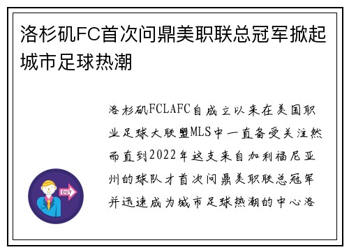 洛杉矶FC首次问鼎美职联总冠军掀起城市足球热潮 洛杉矶FC首次问鼎美职联总冠军掀起城市足球热潮